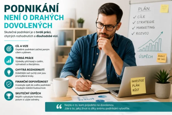 Podnikatel sedí u pracovního stolu s notebookem a dokumenty, zatímco v pozadí je naznačena dovolená, což symbolizuje rozdíl mezi realitou podnikání a představou o luxusním životě