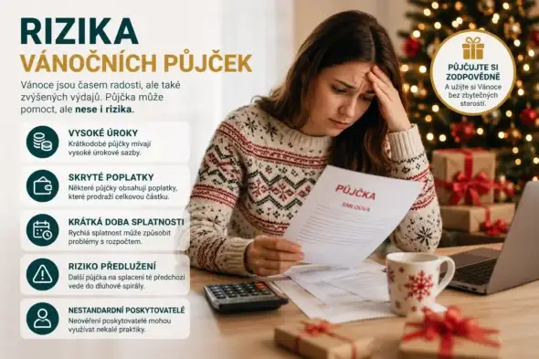Rizika vánočních půjček – žena kontroluje smlouvu, vysoké úroky, poplatky a dluhové riziko