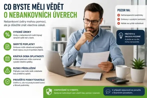 Pracovní stůl s notebookem zobrazujícím schválenou nebankovní půjčku, vedle dokumenty, kalkulačka, peníze a ruka podepisující smlouvu