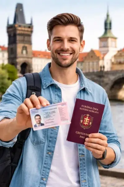 Muž držící slovenský cestovní pas a průkaz totožnosti před historickým městem