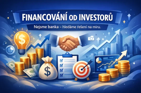 Abstraktní ilustrace finančního růstu s ikonami investic, mincemi, grafy a textem ‚Financování od investorů – Nejsme banka, hledáme řešení na míru
