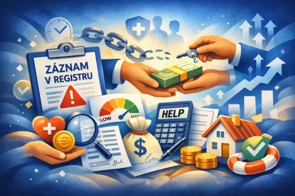 Abstraktní ilustrace finanční pomoci pro klienty se záznamem, symboly podpory, růstu a individuálního řešení.