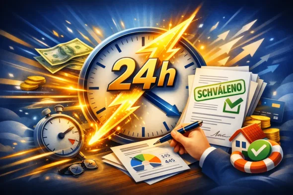 Podnikatelské financování - Ilustrace rychlého schválení půjčky do 24 hodin, s hodinami, bleskem a dokumentem označeným jako schválený