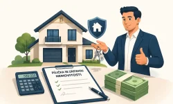 Muž v obleku držící klíče od domu vedle moderní nemovitosti, dokument „Půjčka se zástavou nemovitosti“, kalkulačka s částkou 500 000 Kč a peníze na stole – symbol bezpečné půjčky.