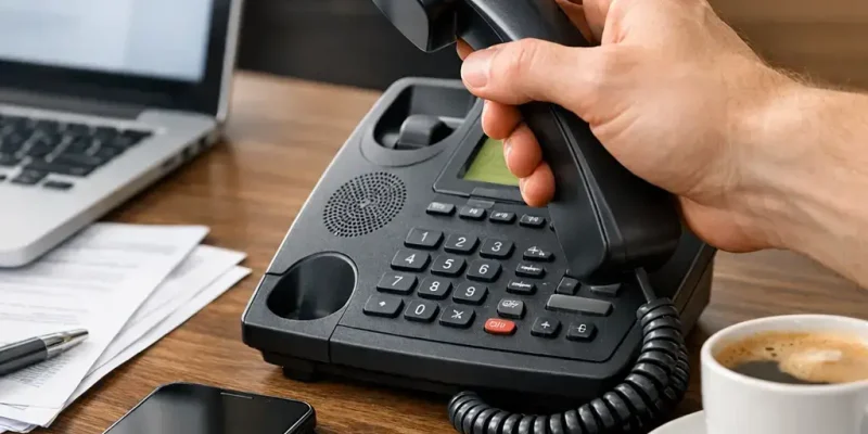 Kontakt. Ruka zvedající telefon na pracovním stole – rychlá zákaznická podpora Fin půjčka