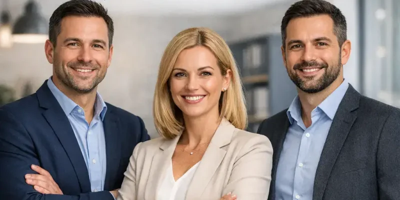 O nás-Fin‑Půjčka Tým – tři profesionálové v elegantním oblečení, symbol důvěry a odbornosti v nebankovním financování.